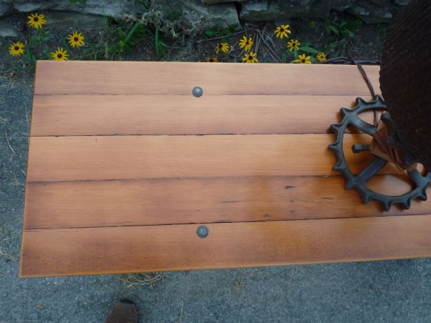 Top is made out of reclaimed douglas fir flooring and the base is out of Trinity beams.